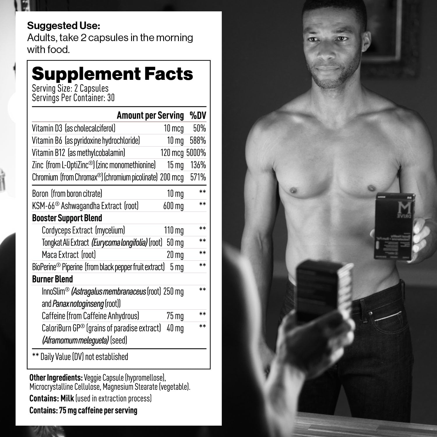 Mdrive Boost and Burn bottle pouring to suggest easy daily dosing and energy for workouts