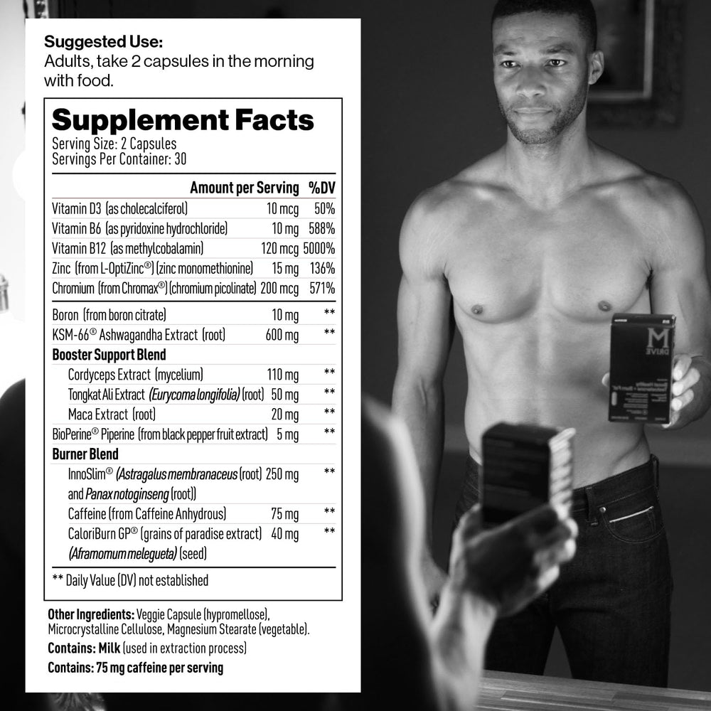 Mdrive Boost and Burn bottle pouring to suggest easy daily dosing and energy for workouts