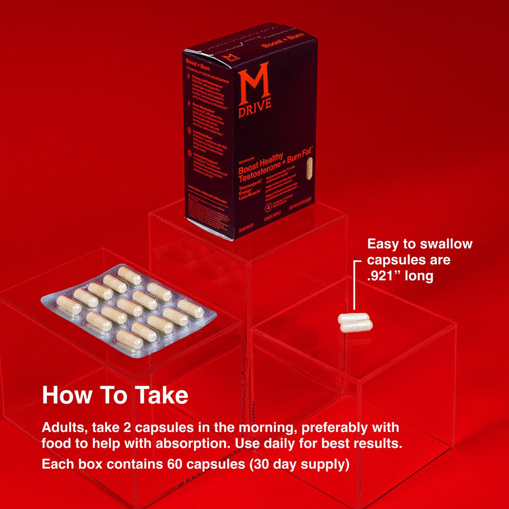 Mdrive Boost and Burn glass bottle on wood surface signaling premium men's health supplement