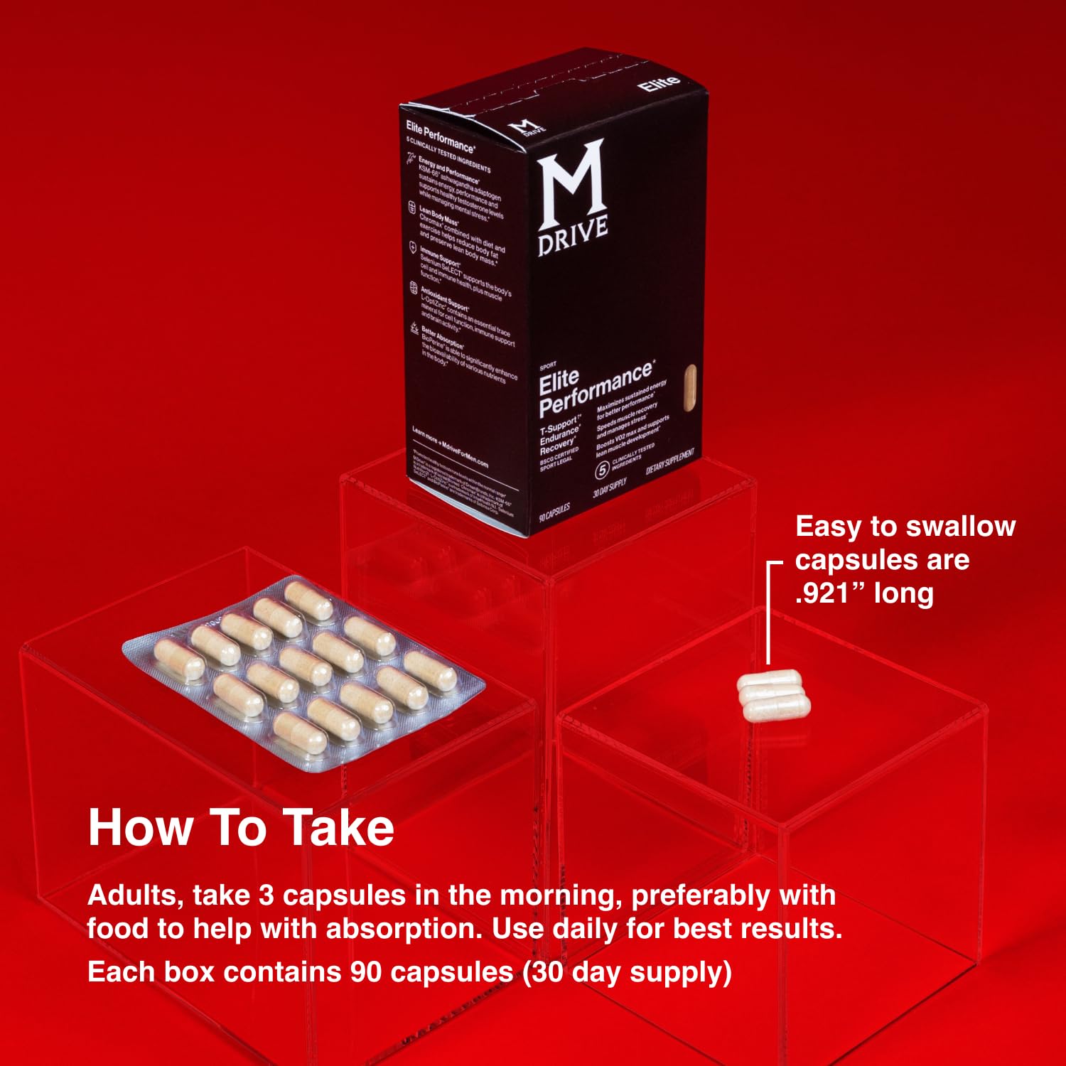 Mdrive Elite bottle with gluten-free and Non-GMO claim visible.