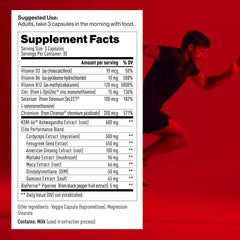 Mdrive Elite bottle label shows 90 capsules and gluten-free ingredients.