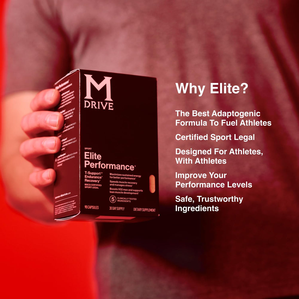 Mdrive Elite bottle and 90 capsules visible on packaging.
