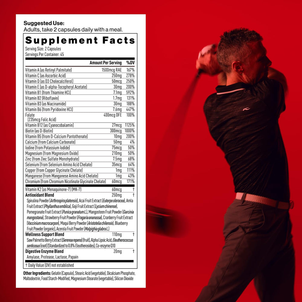 Mdrive Multivitamin for Men label close-up highlighting essential minerals for men.