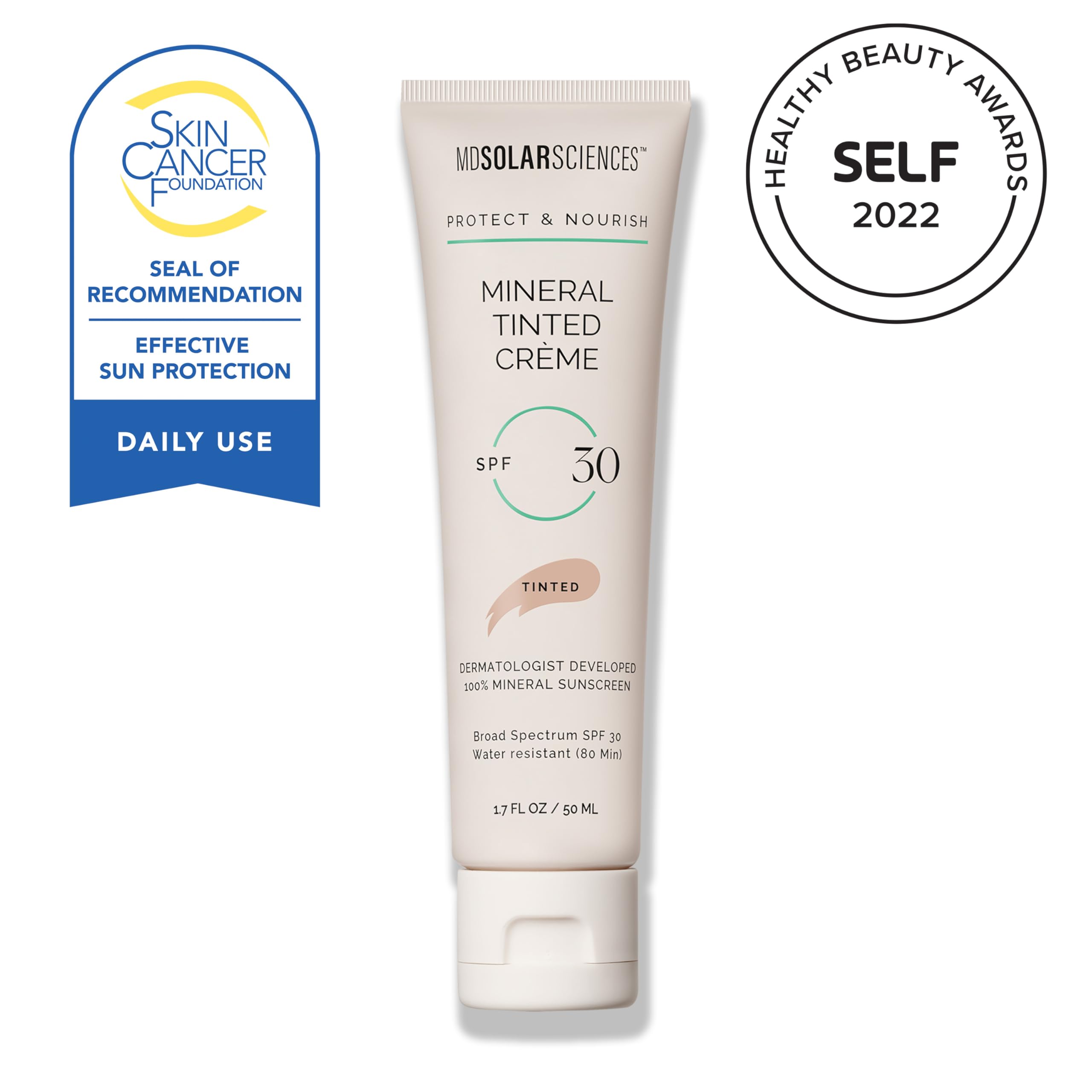 MDSolarSciences tinted sunscreen tube front showing universal tint for a natural look.