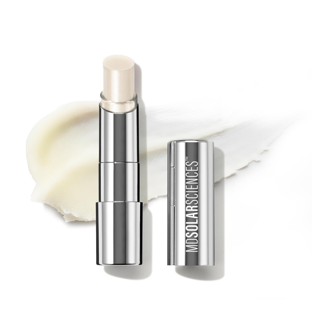 MD SolarSciences tinted lip balm SPF 30 tube with sheer color on lips