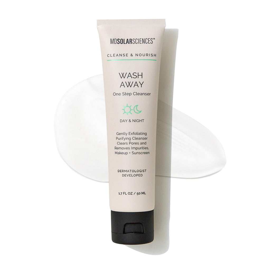 MDSolarSciences Wash Away Cleanser bottle front view highlighting gentle cleansing for sunscreen and makeup removal.