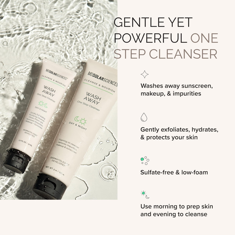 MDSolarSciences Wash Away Cleanser foaming texture illustrating gentle exfoliation and hydration.