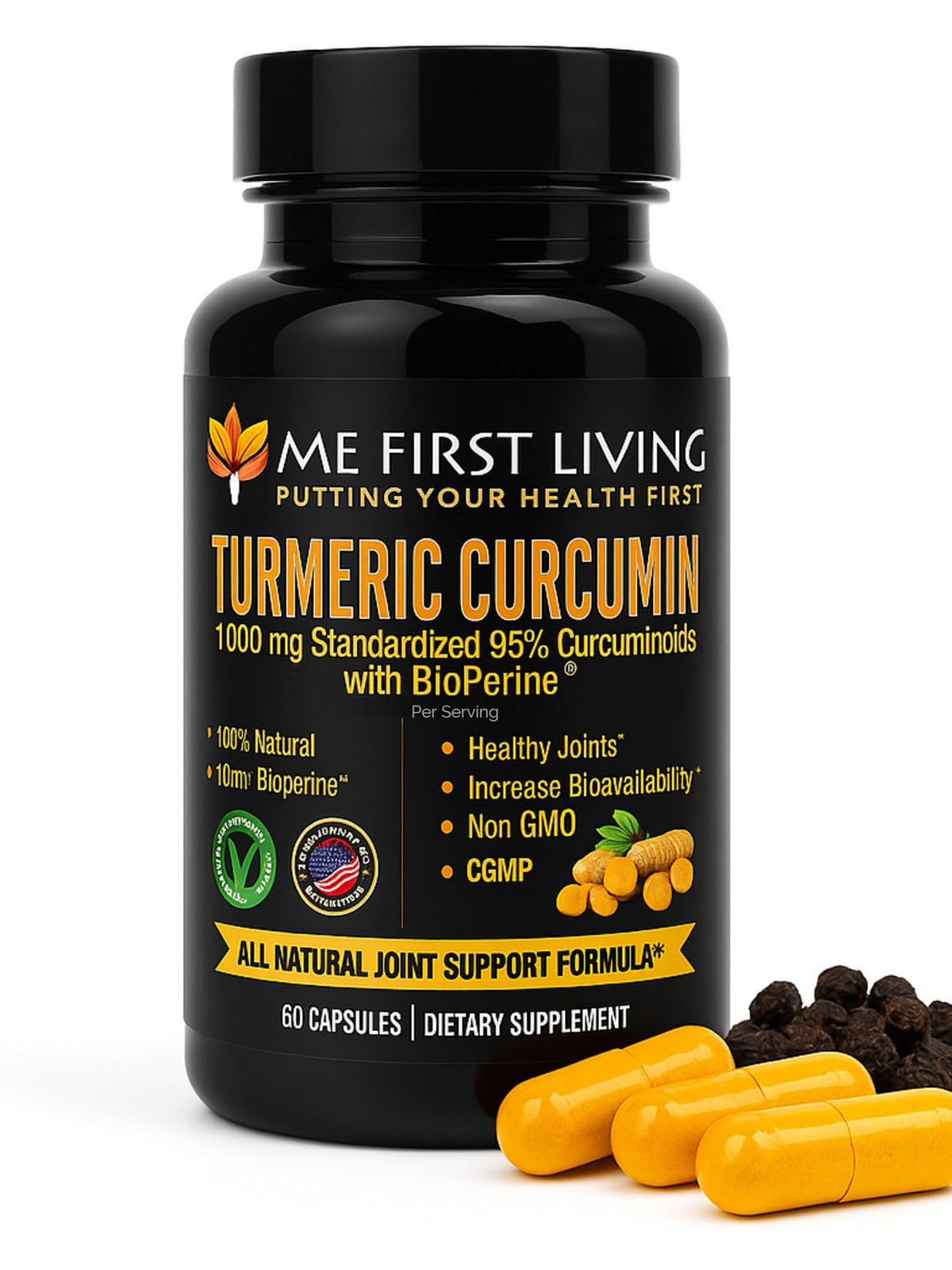 Me First Living Turmeric Curcumin 1000 mg bottle shows high-potency formula for daily use