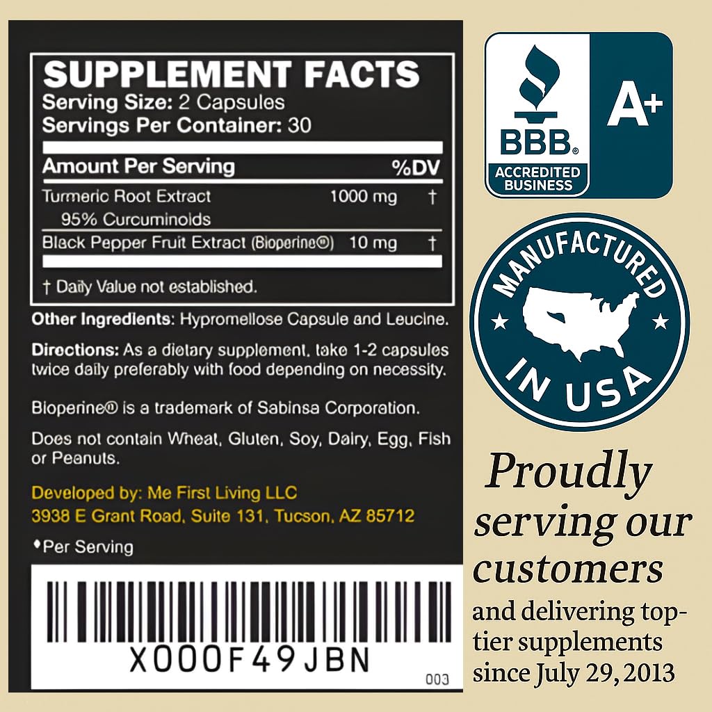 Me First Living turmeric-curcumin bottle shows Bioperine for absorption benefits