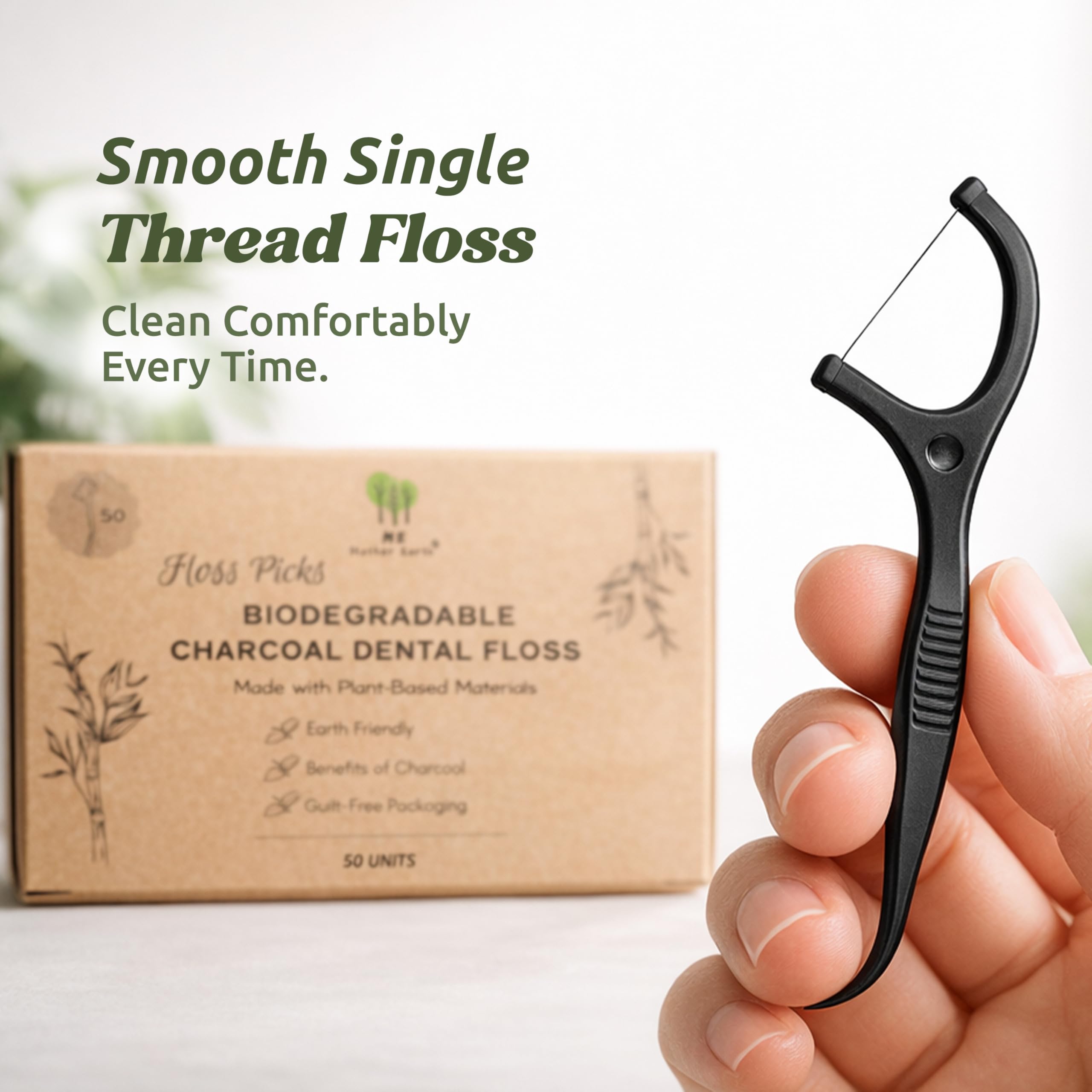 Me Mother Earth biodegradable dental floss picks in plastic-free packaging for eco-friendly use.