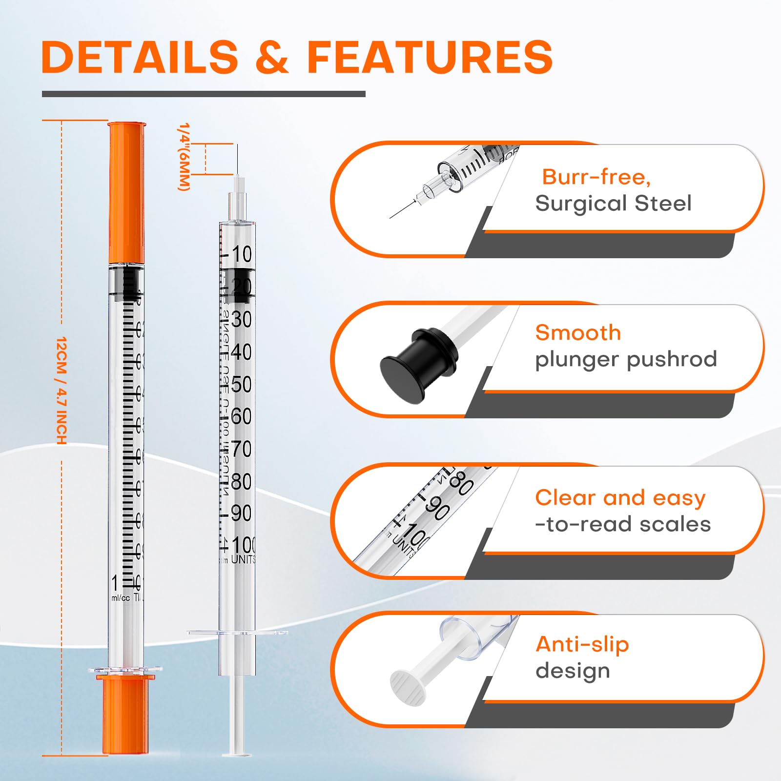 MED NEEDLE U-100 1mL syringe shows clear measurement marks for accurate dosing.