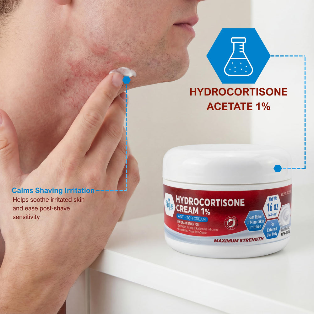 MED PRIDE 1% hydrocortisone cream applied to irritated skin in close-up