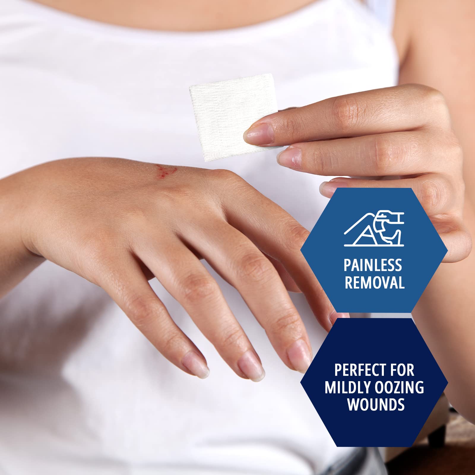 MED PRIDE 2x2 gauze pad close-up emphasizing high absorbency for wound drainage.