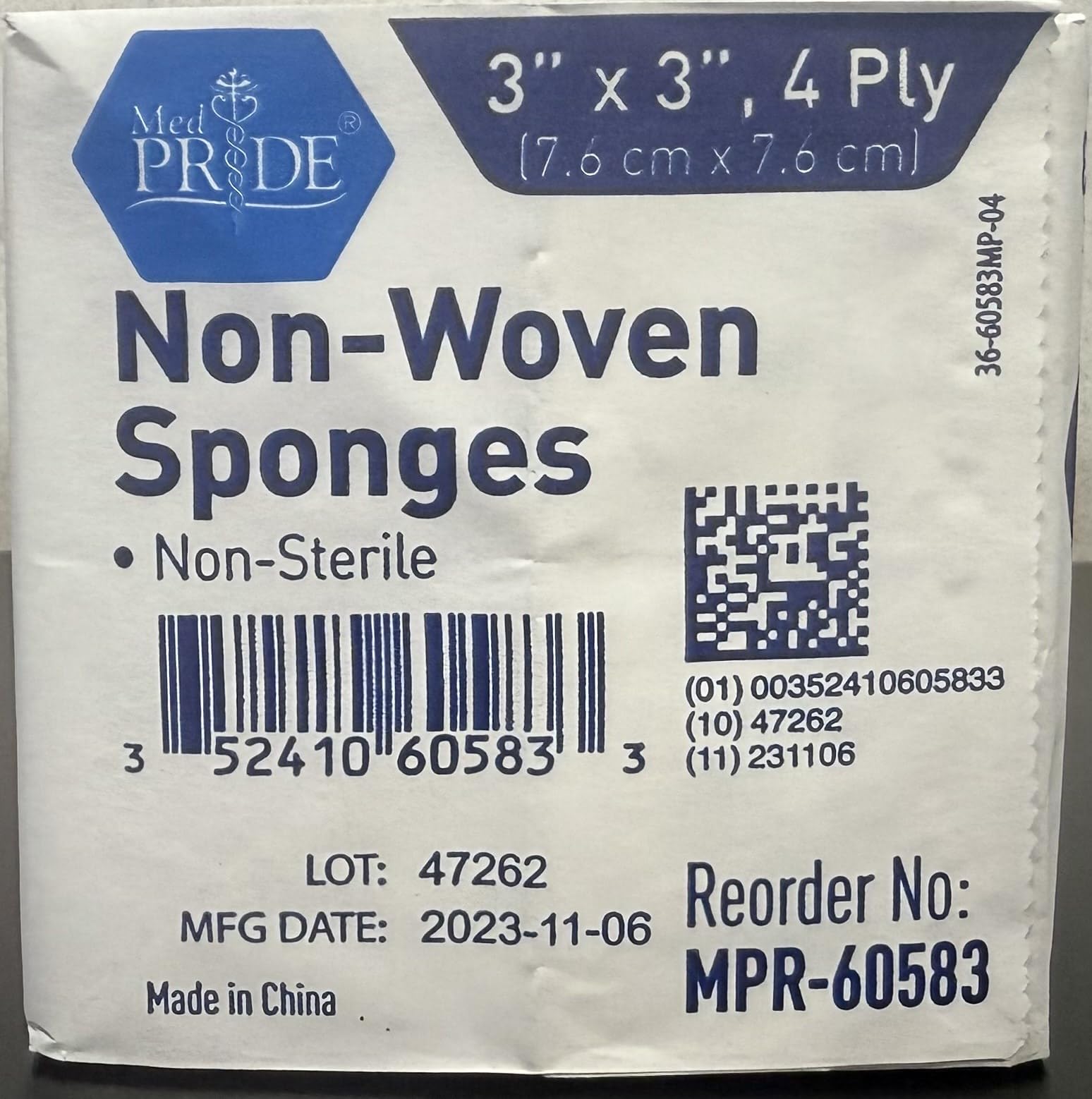 MED PRIDE 3x3 gauze pads packaging label with product details