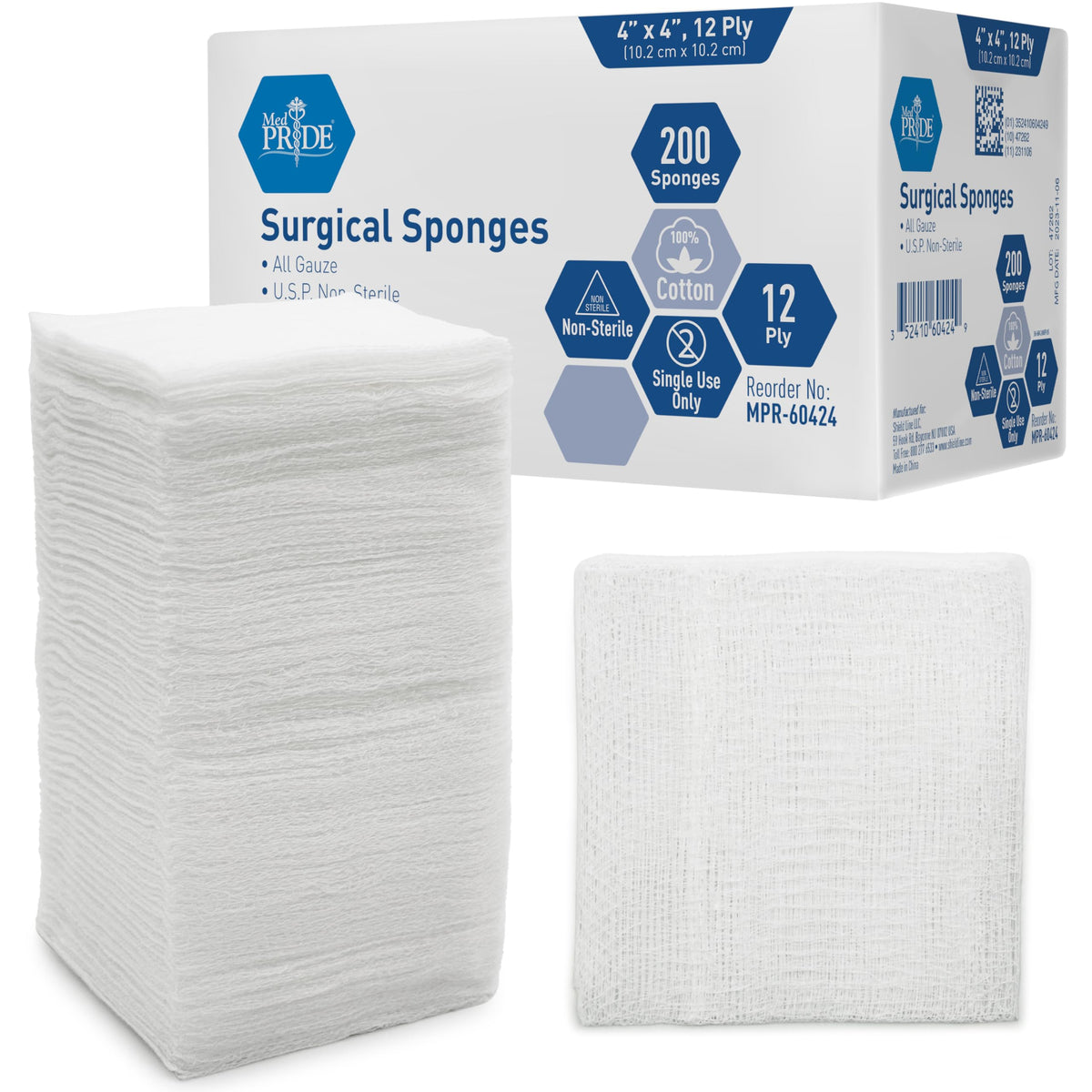 MED PRIDE 4x4 gauze sponges in a 200-count pack, ready for dressing prep.