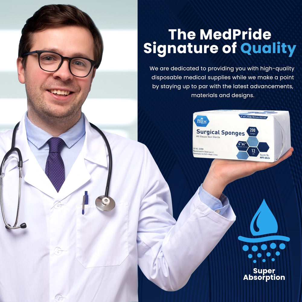 MED PRIDE gauze sponges in a pet cleaning context.