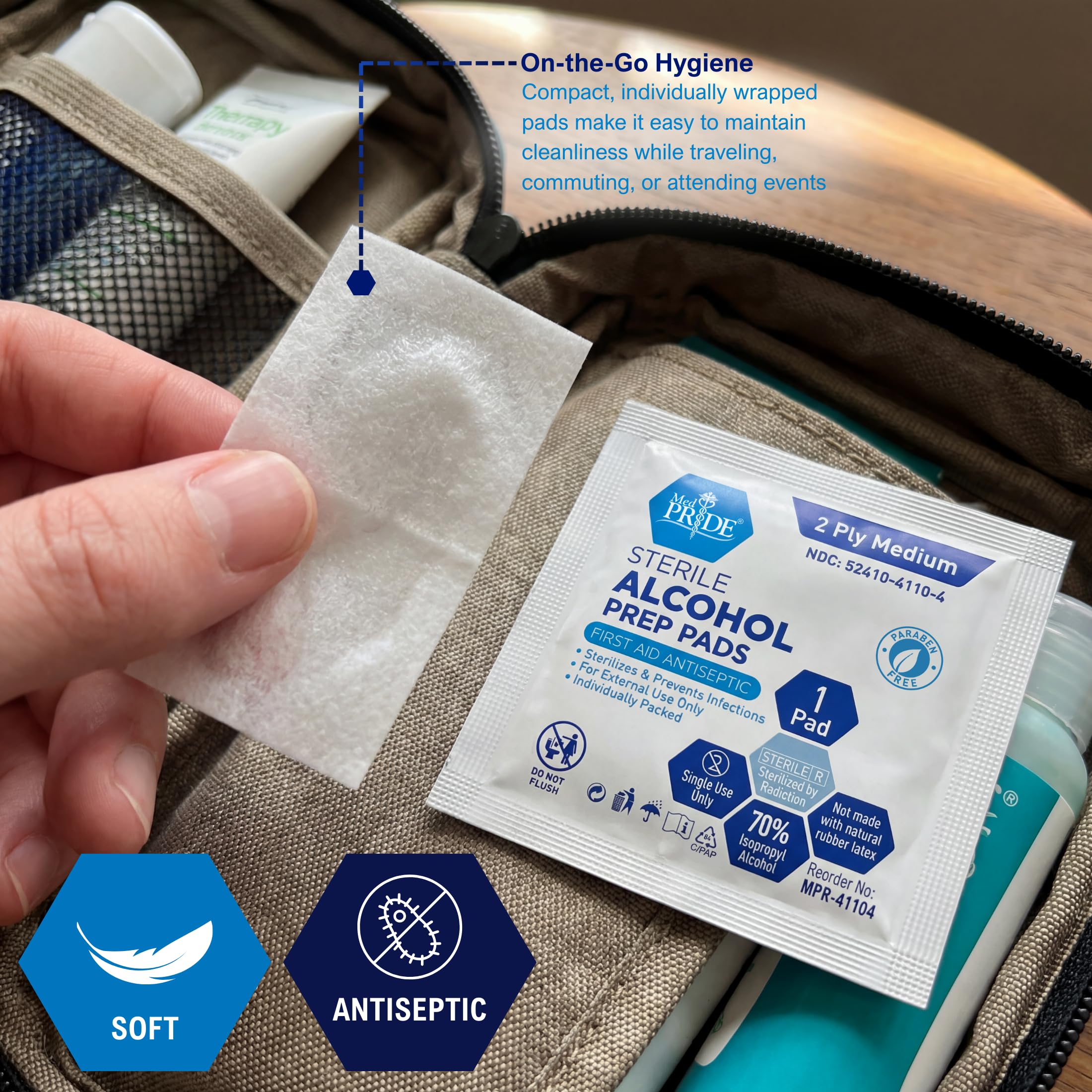 MED PRIDE 70% isopropyl alcohol pads sanitize skin before procedures.