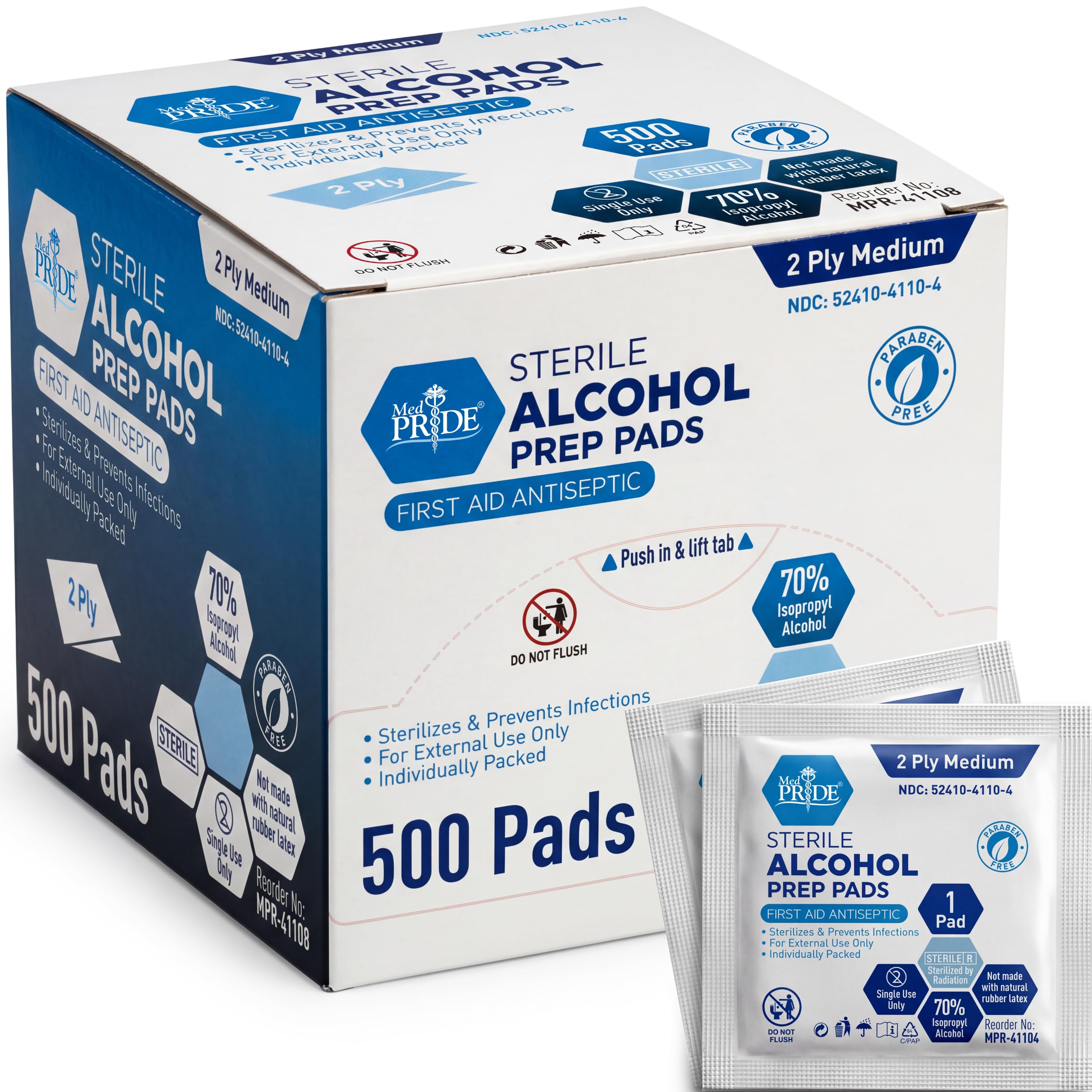 MED PRIDE alcohol prep pads in sterile packaging for quick, clean skin prep.