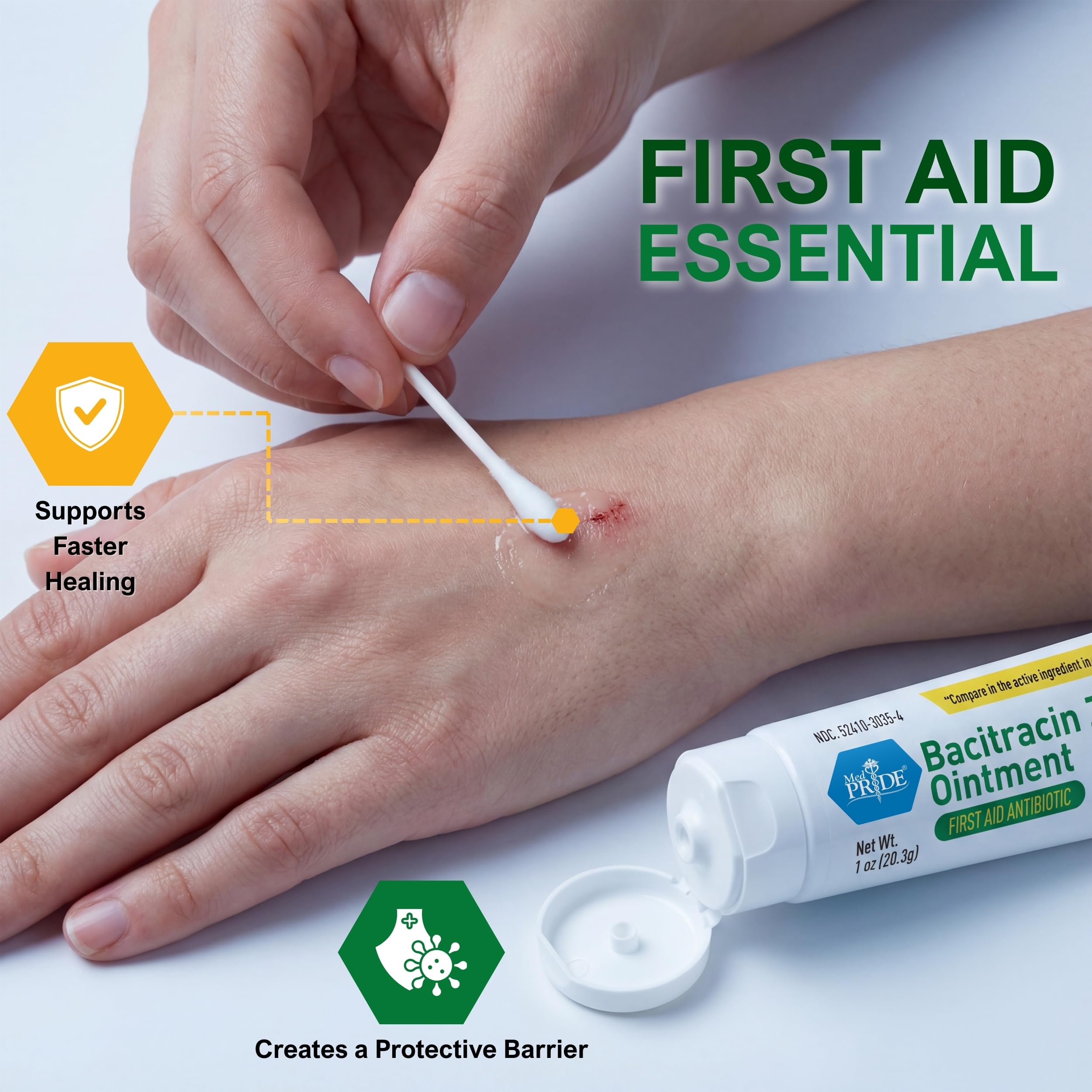 Med Pride Bacitracin Zinc Ointment 1oz tube being applied to a minor wound.