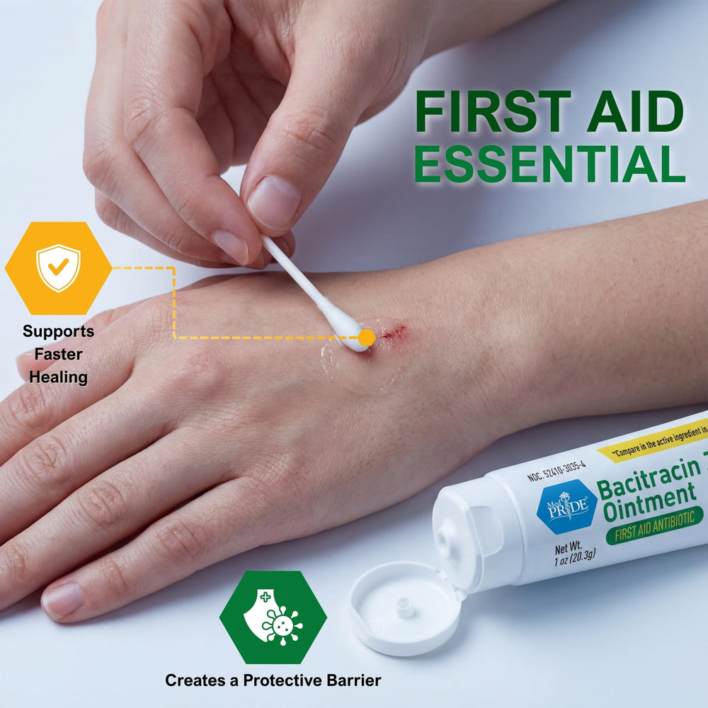 Med Pride Bacitracin Zinc Ointment 1oz tube being applied to a minor wound.