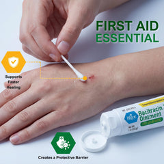 Med Pride Bacitracin Zinc Ointment 1oz tube being applied to a minor wound.