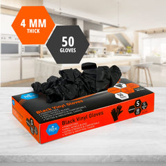 Med Pride black vinyl gloves worn on hand in a close-up for food prep and everyday tasks.