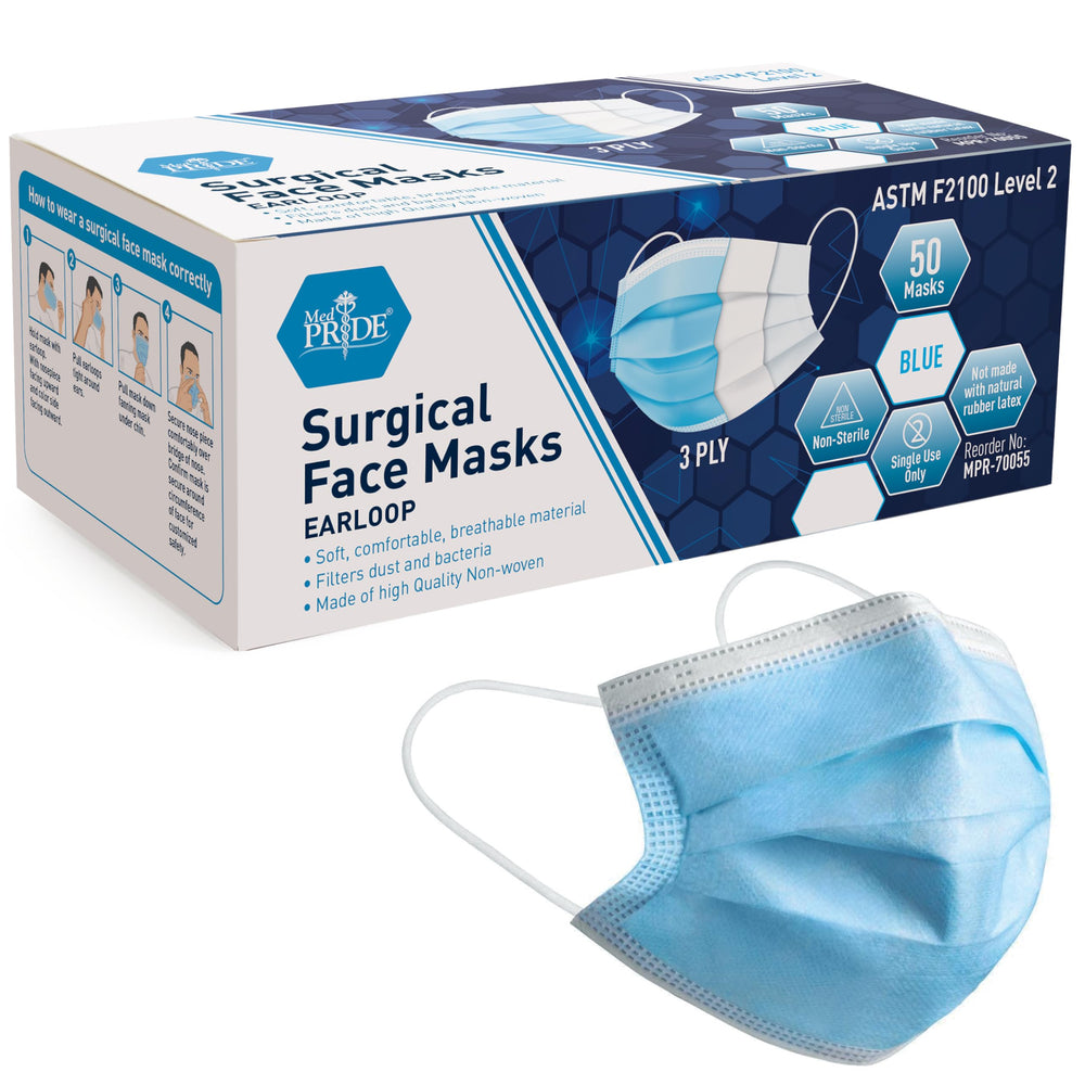 MED PRIDE blue mask 50-pack, breathable 3-ply design for daily wear