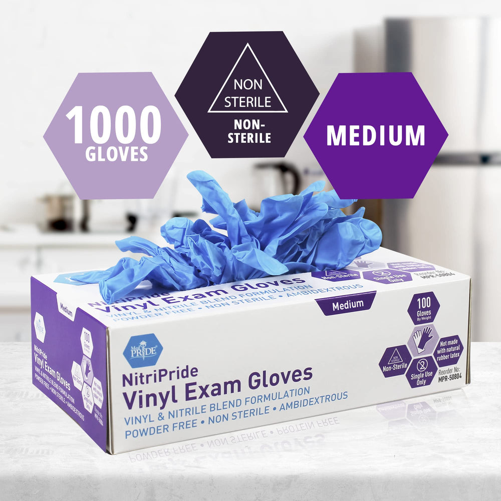 MED PRIDE blue powder-free gloves for long wear and comfort.
