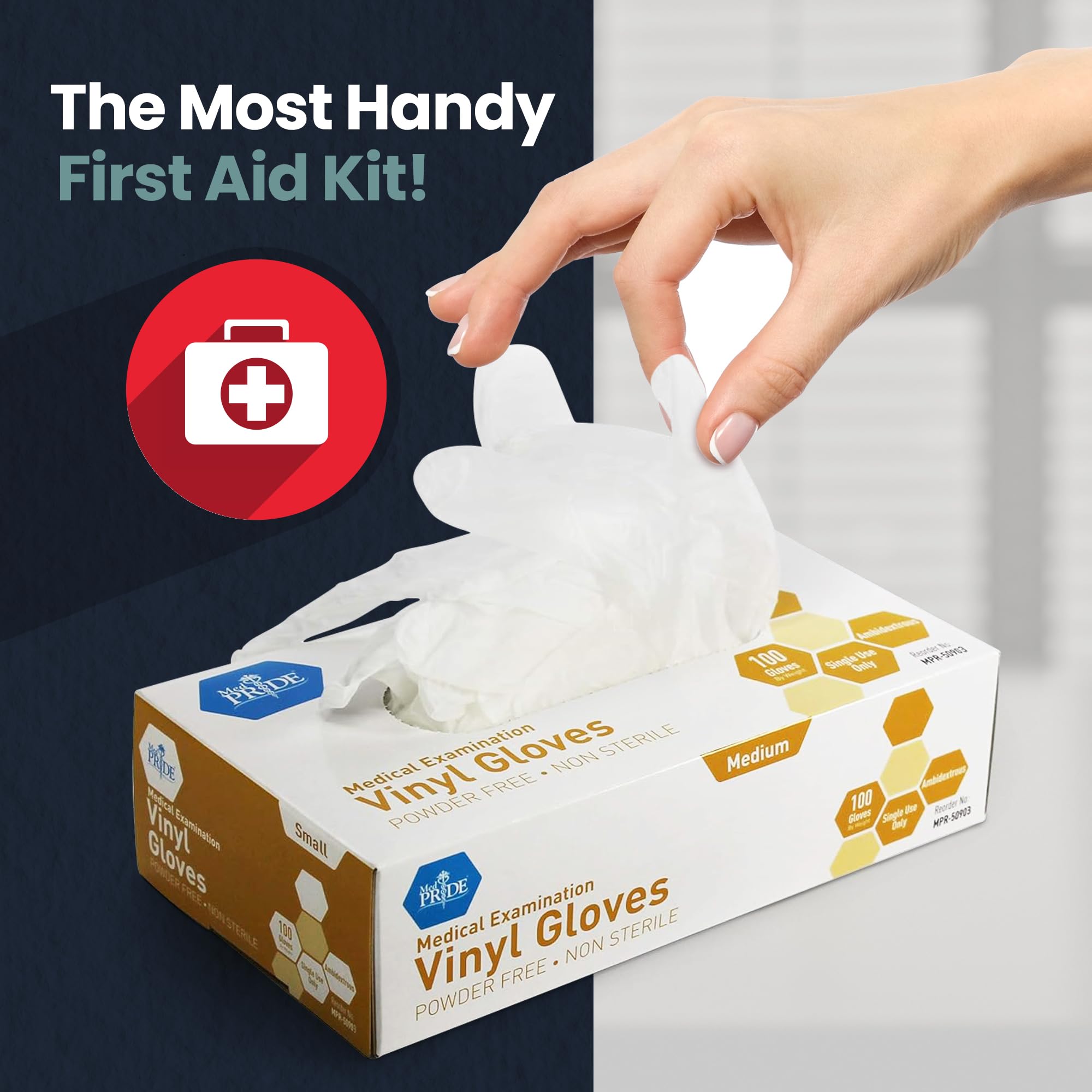 MED PRIDE clear vinyl gloves offering visibility during procedures