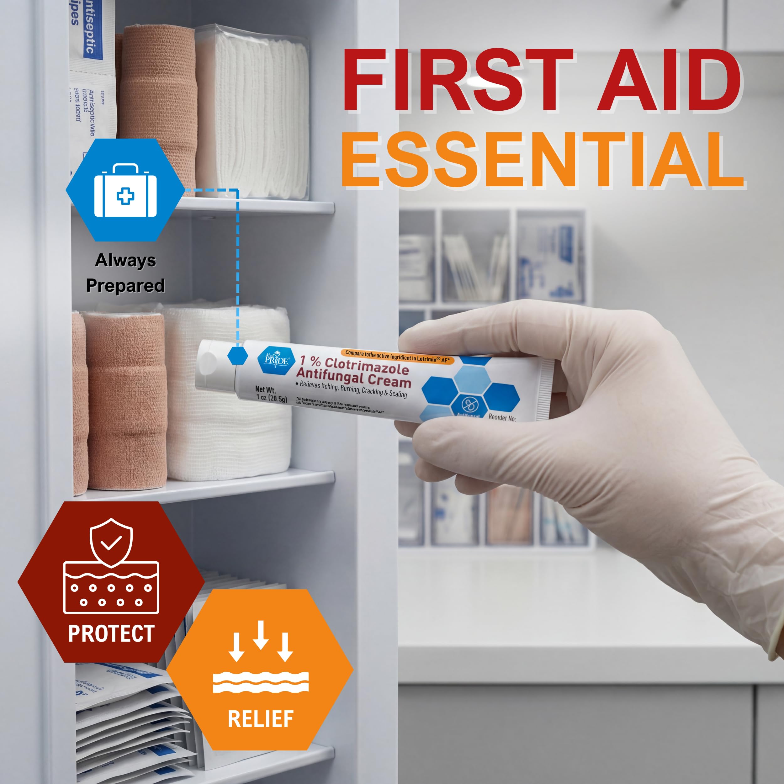 MED PRIDE 1% clotrimazole cream tube with label for athletic foot care.