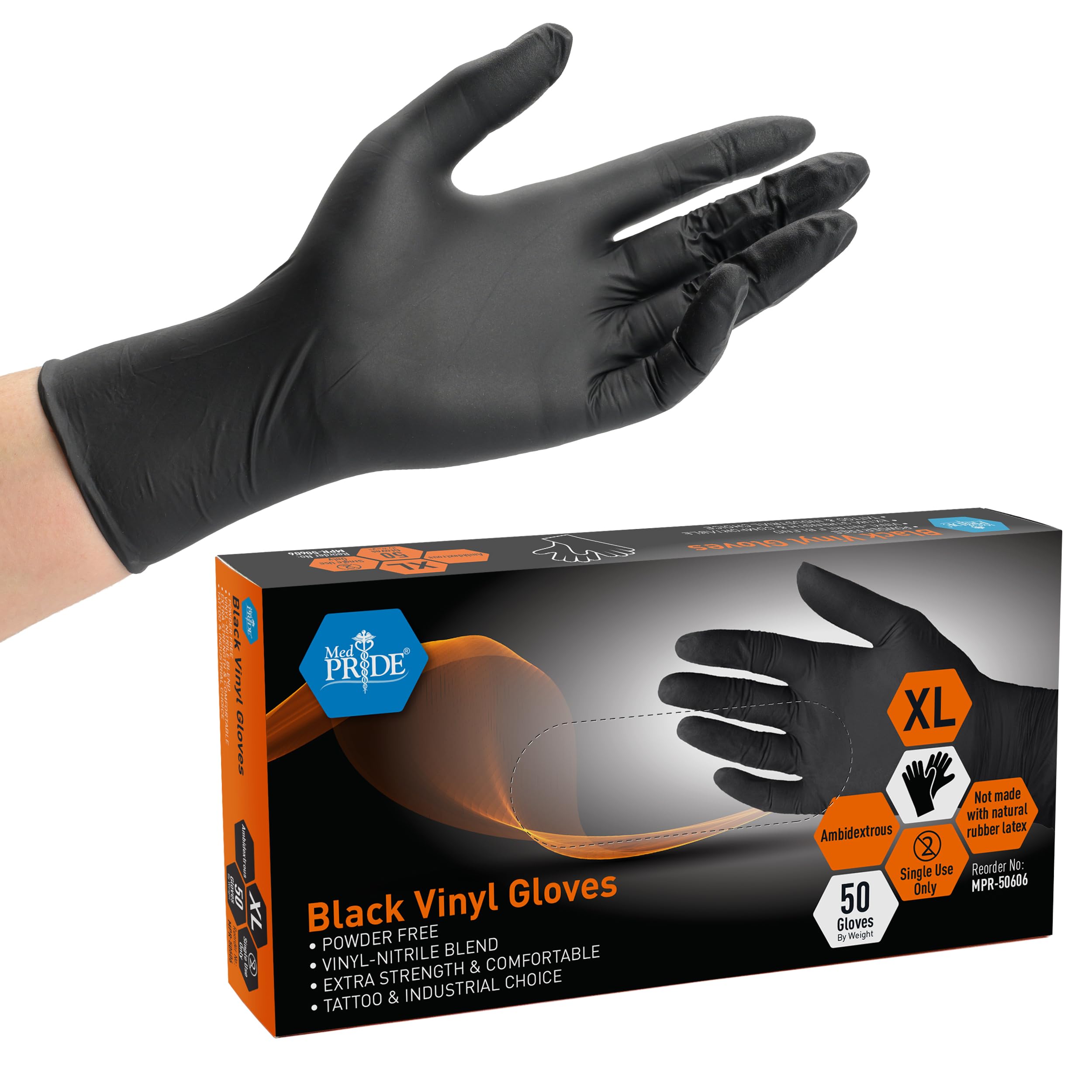 Med Pride extra strength black vinyl gloves front view showing rugged durability for medical and tattoo tasks.
