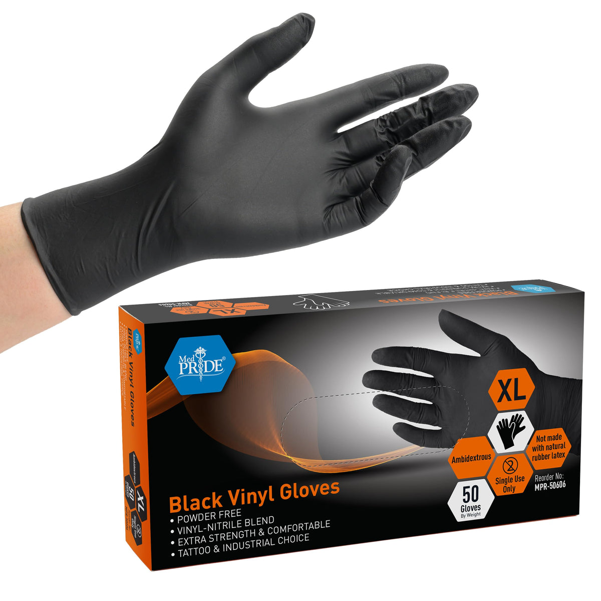 Med Pride extra strength black vinyl gloves front view showing rugged durability for medical and tattoo tasks.