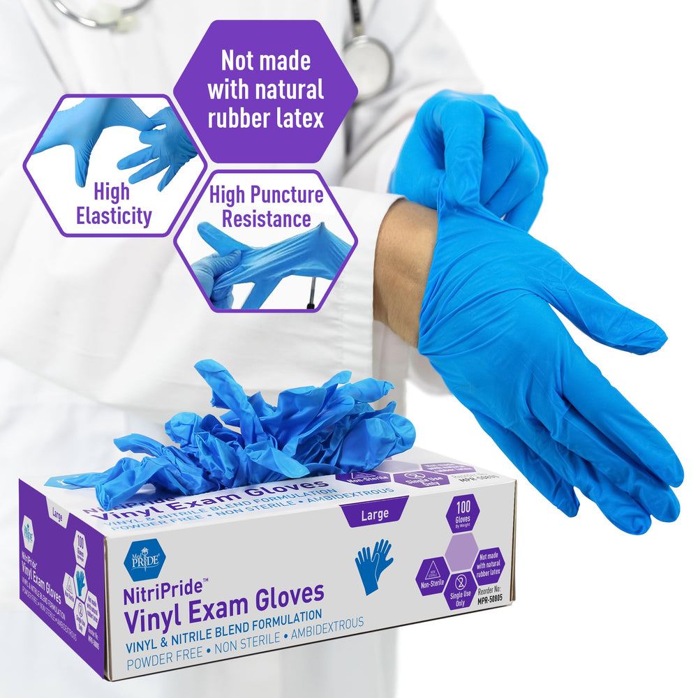 MED PRIDE flatlay blue gloves showing powder-free and latex-free design.