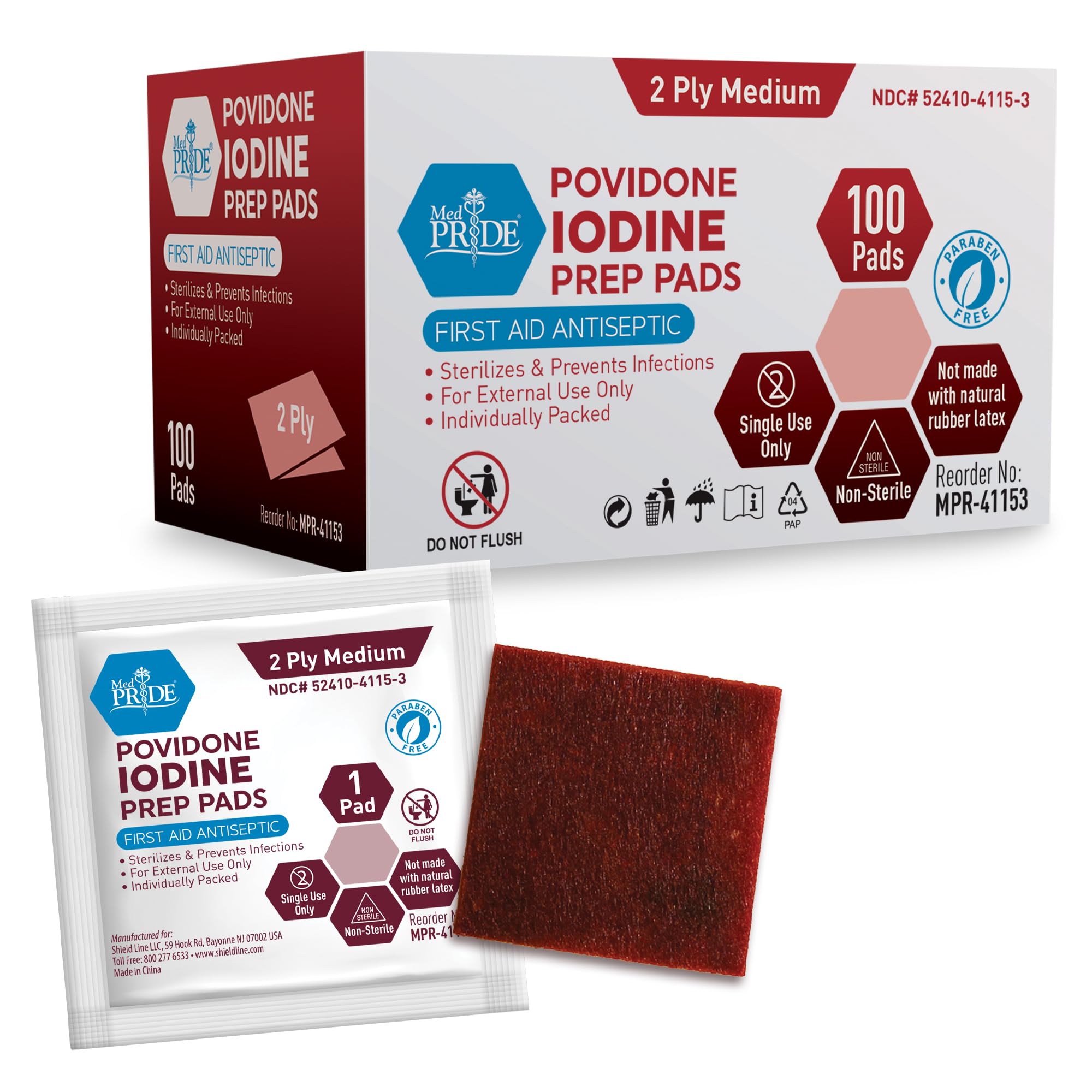 MED PRIDE iodine wipes box front showing compact, on-the-go antiseptic package