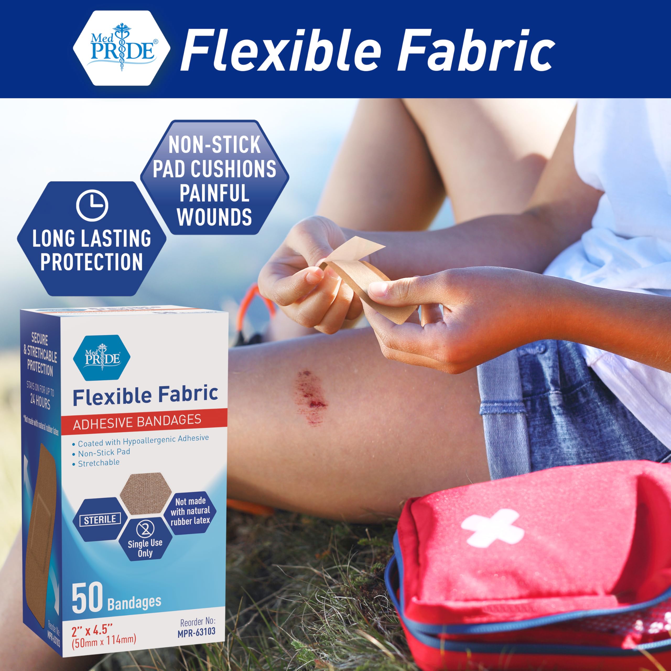 MED PRIDE latex-free bandage emphasizing safe use on sensitive skin