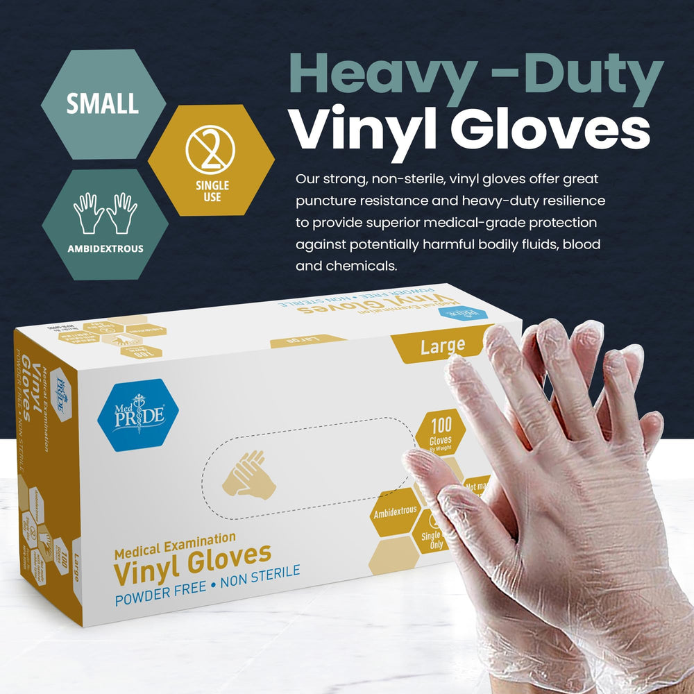 MED PRIDE latex-free vinyl gloves in a pack, reliable protection for sensitive skin.