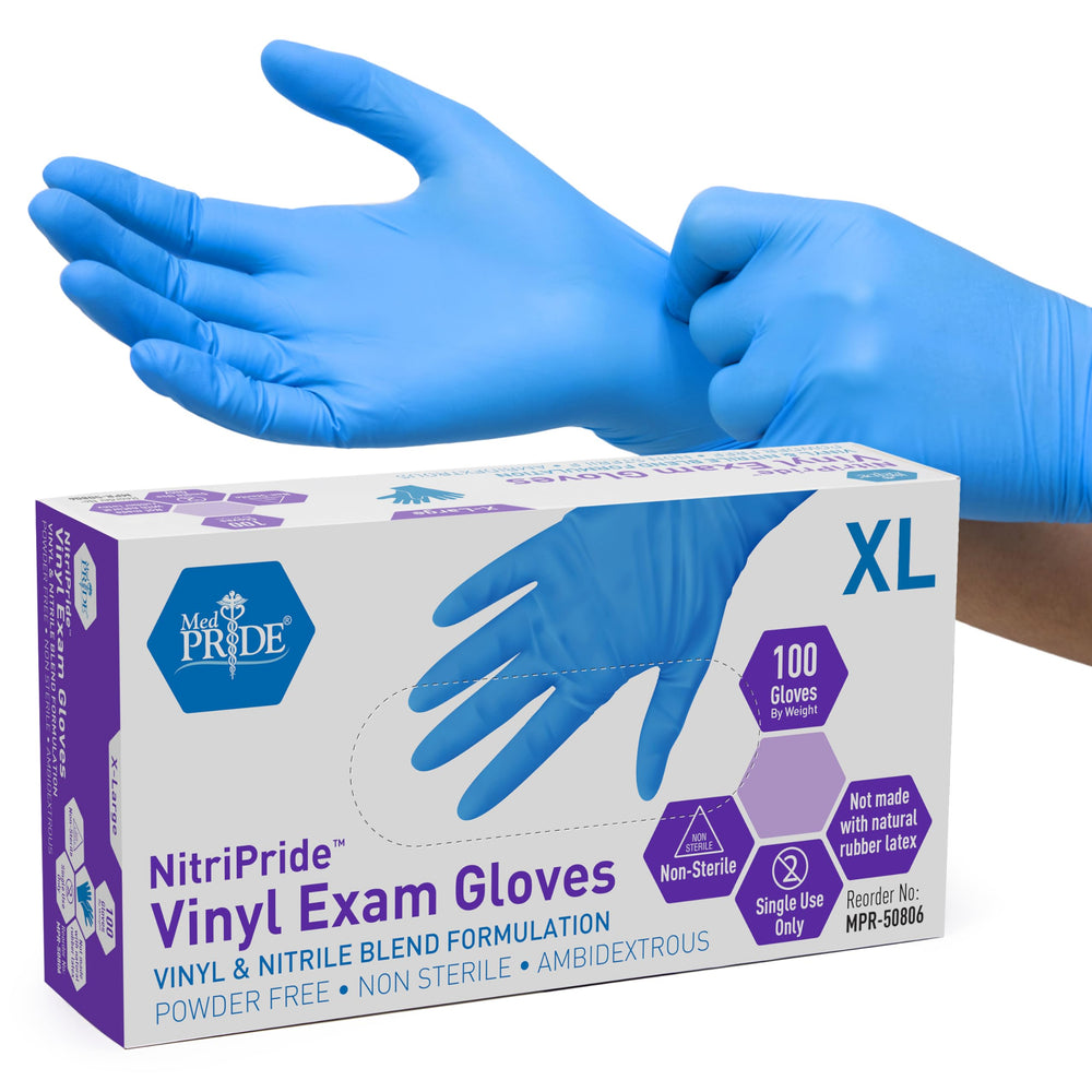 Med Pride nitrile/vinyl blend exam gloves in a box of 100 for everyday tasks.