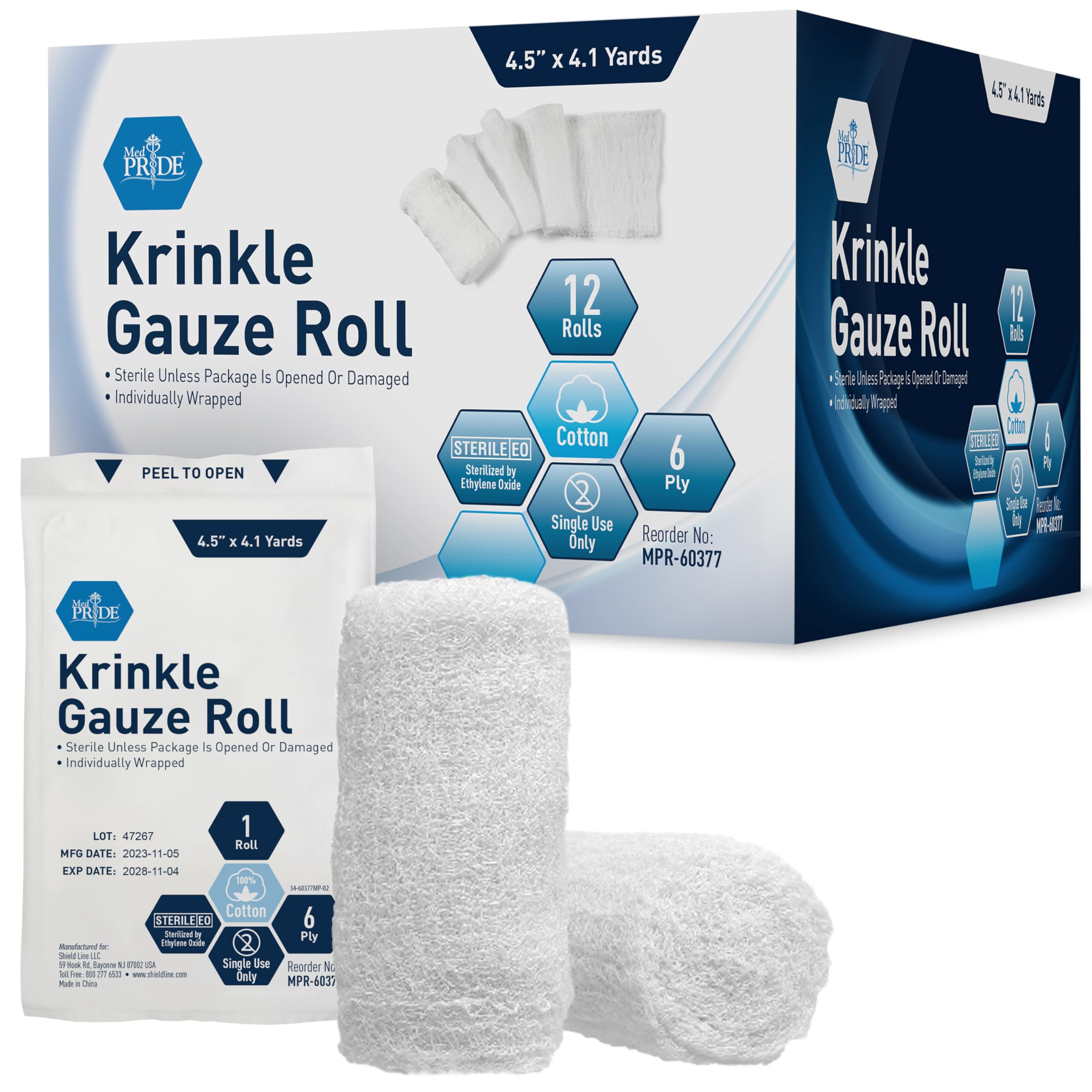 MED PRIDE sterile krinkle gauze roll ready for quick wound care and high absorbency.
