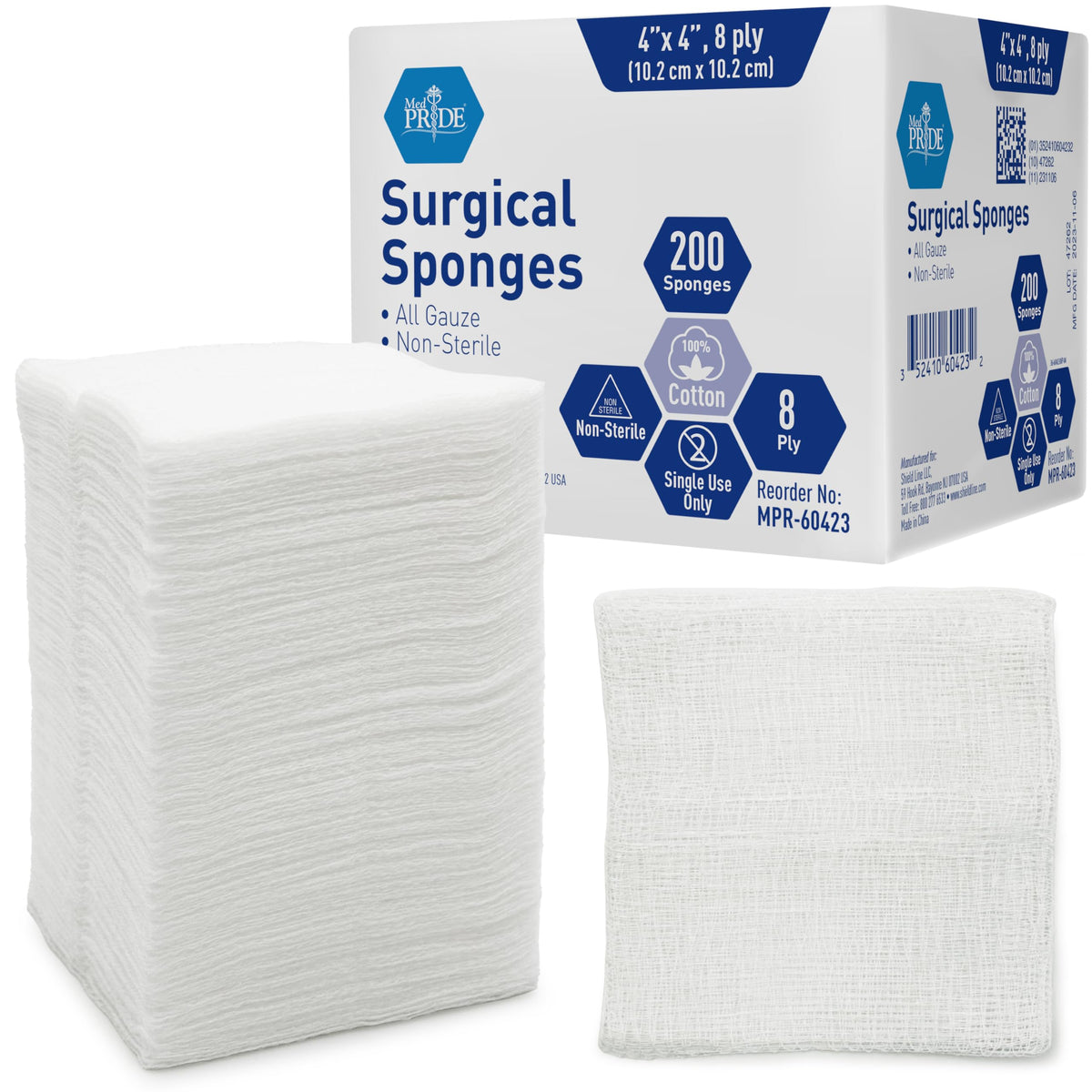 MED PRIDE surgical sponges pack 200 count, 4x4 inch, ideal for versatile wound care.