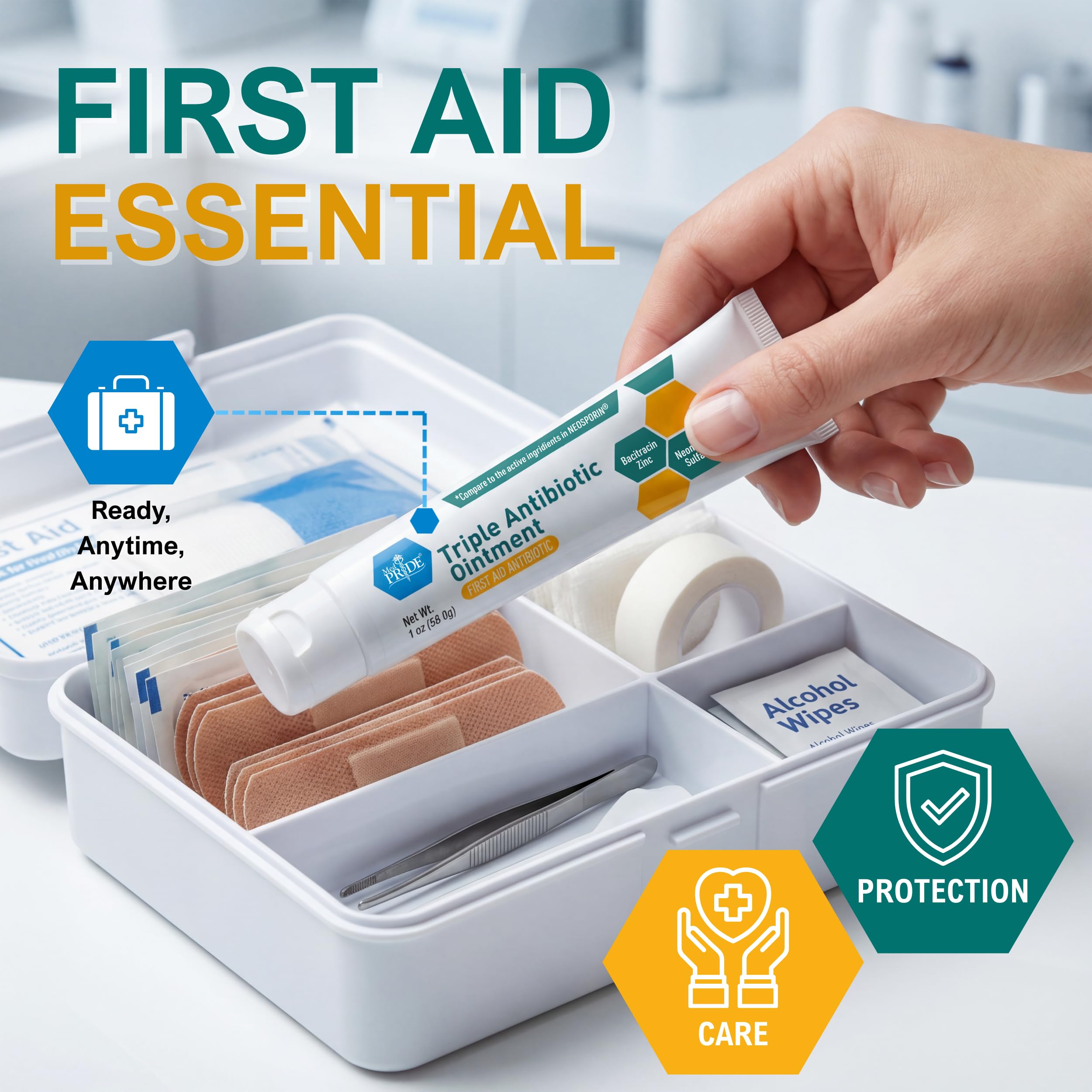 Front view of MED PRIDE 4-pack shows ready-to-use first aid ointment.