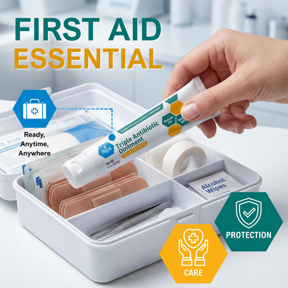 Front view of MED PRIDE 4-pack shows ready-to-use first aid ointment.