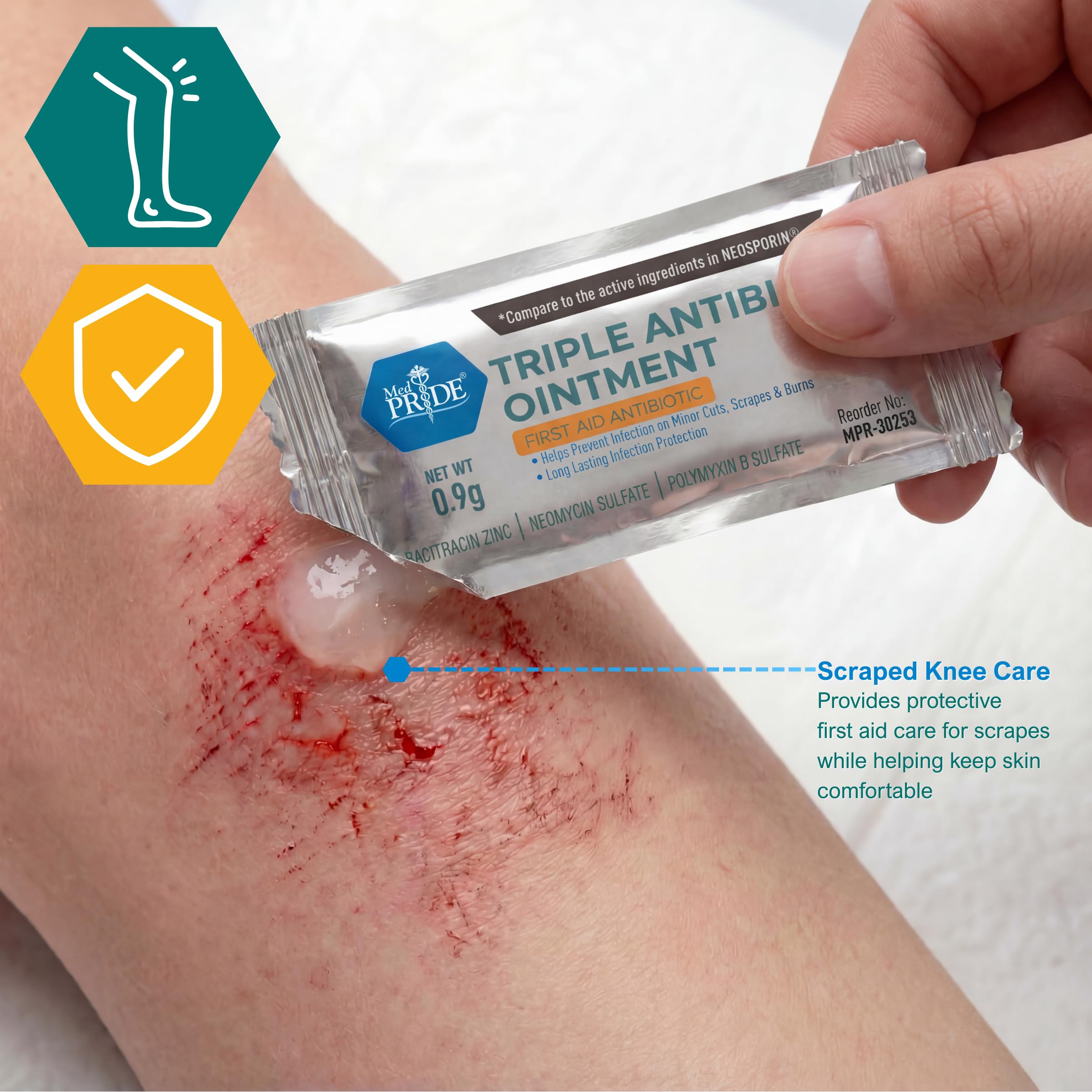 MED PRIDE compact first aid setup featuring antibiotic ointment packets