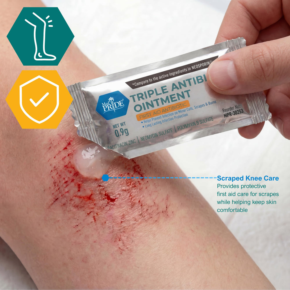 MED PRIDE compact first aid setup featuring antibiotic ointment packets