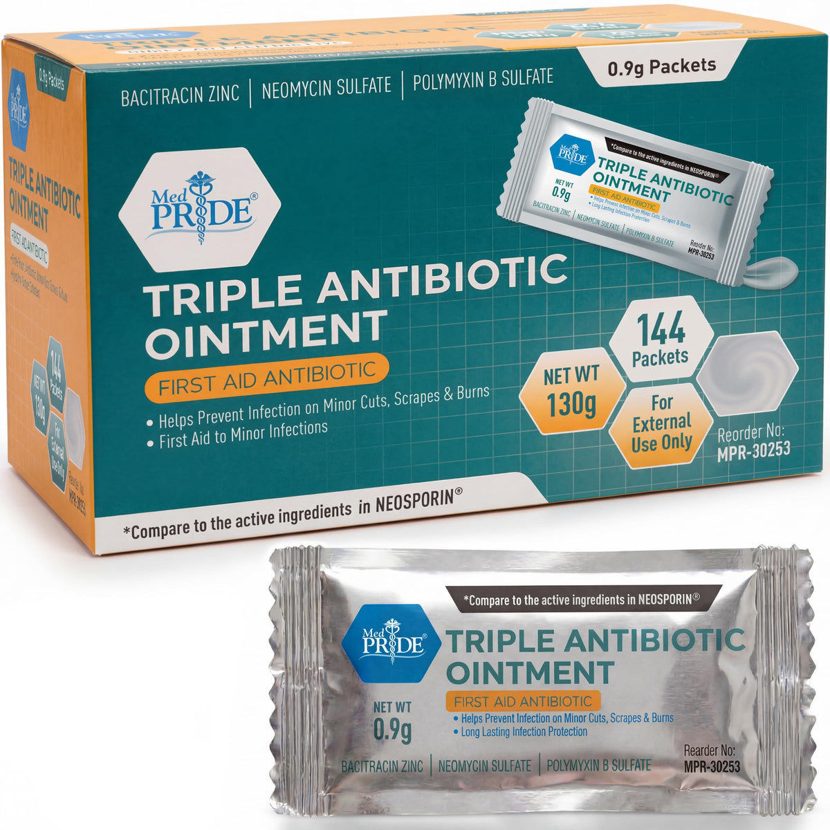 MED PRIDE Triple Antibiotic Ointment packets closeup showing quick wound protection on the go