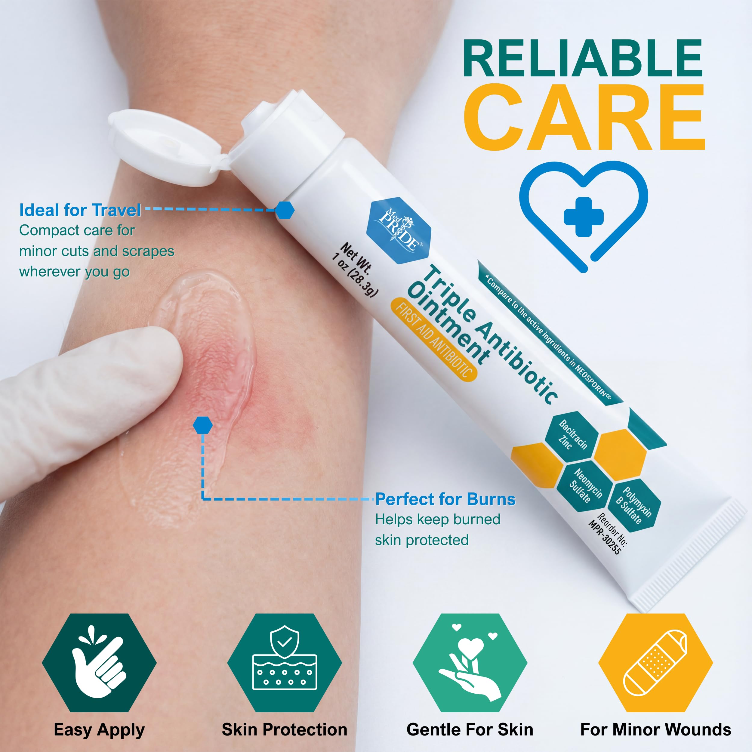 MED PRIDE triple antibiotic ointment tube dispensing close-up.