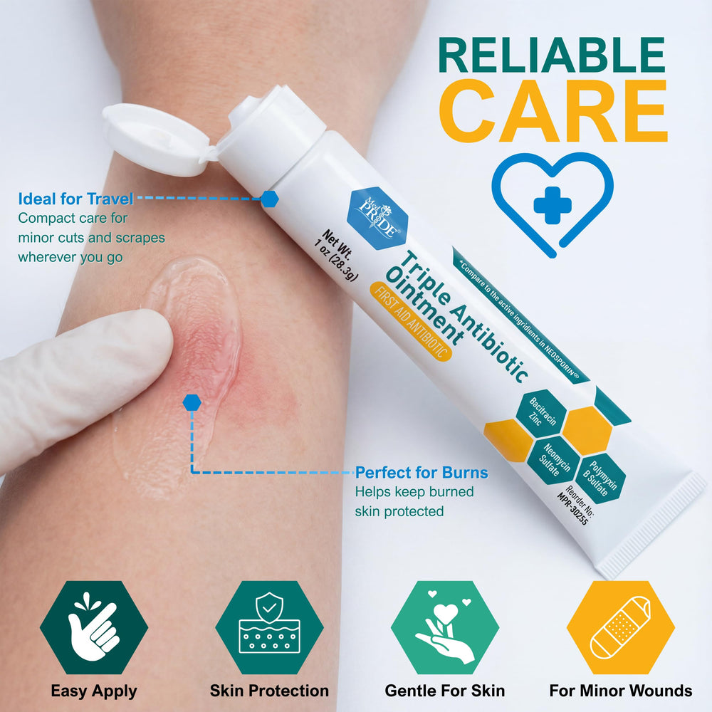 MED PRIDE triple antibiotic ointment tube dispensing close-up.