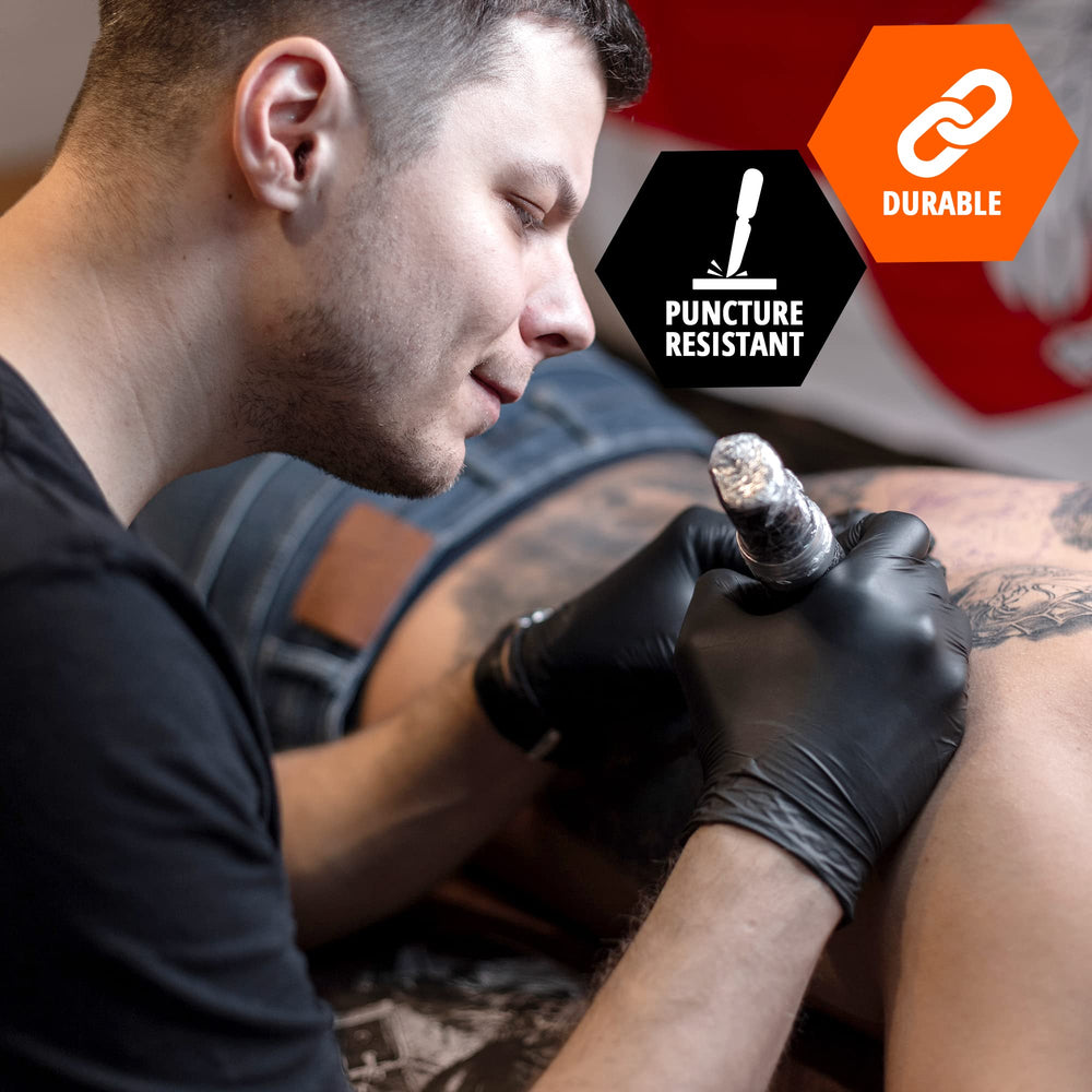 Med Pride versatile black vinyl gloves suitable for food service and tattoo work.