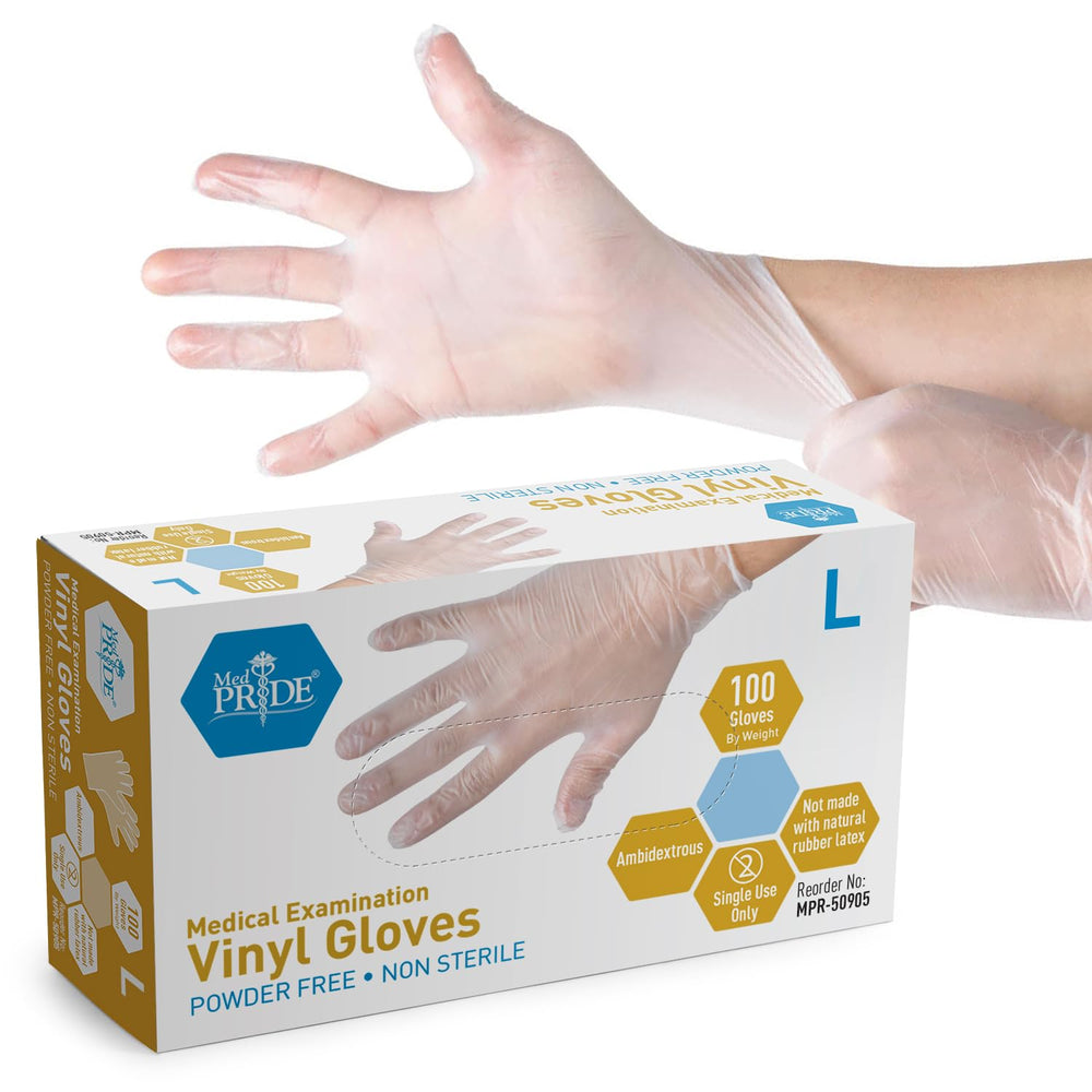 MED PRIDE vinyl exam gloves pack-100-clear provide clear, durable protection for clinical use.