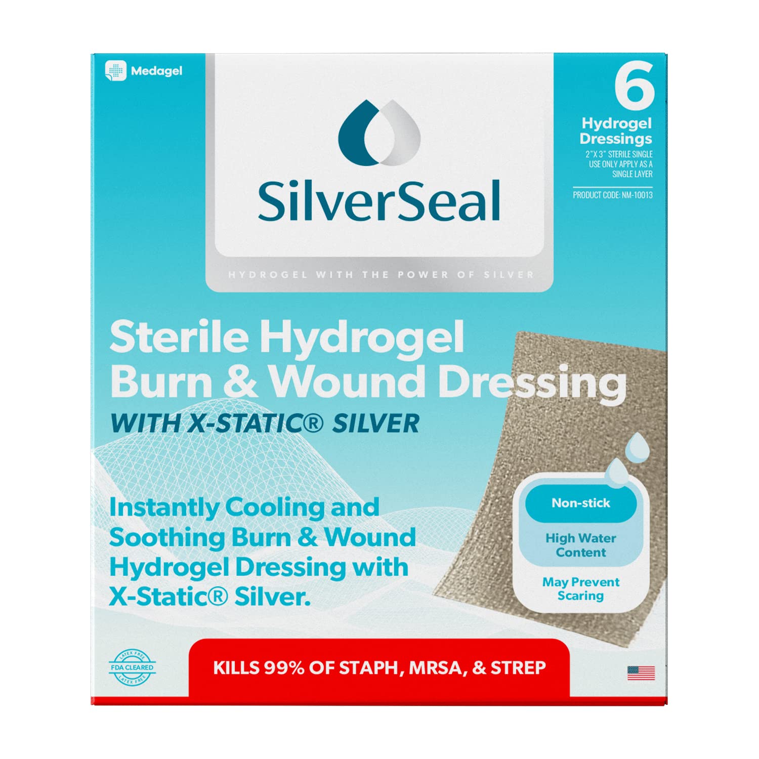 Medagel SilverSeal packaging front view showing sterile burn and wound dressing.