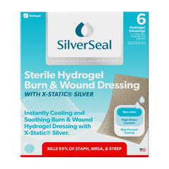 Medagel SilverSeal packaging front view showing sterile burn and wound dressing.
